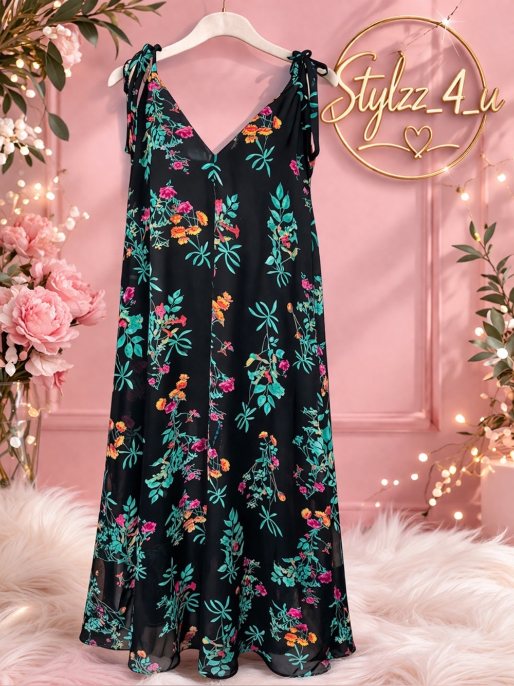 Eva Mendez sz L preloved Black Floral V-Neck Maxi Dress with Teal & Pink Accents